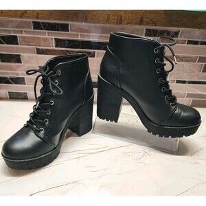 Divided H&M Boots Women 8.5 Punk Biker Hgh Block Heel Black Lace Up Y2K 90 Style
